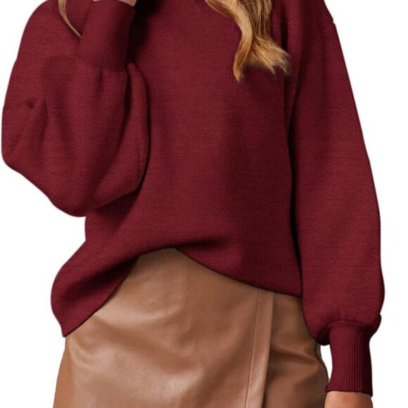 Sweaters - Women's 2025 Fall Fashion Casual Sweaters Mock Neck Long Lantern Sleeve Lightwei